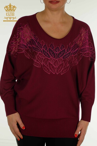 Pull en tricot pour femmes en gros avec détail en tulle, Violet - 16942 | KAZEE - Thumbnail