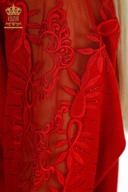 Pull en tricot pour femmes en gros rouge avec détail en tulle - 15699 | KAZEE
