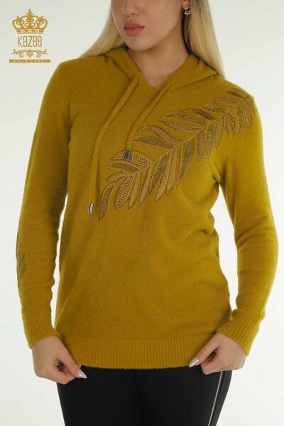 Pull en tricot pour femmes en gros à capuche Angora moutarde - 40008 | Kazee - Thumbnail