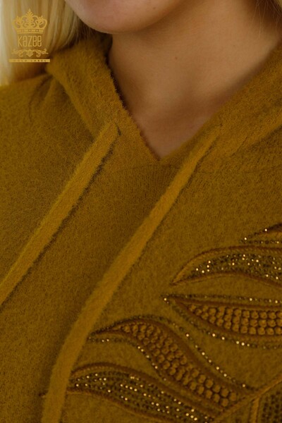 Pull en tricot pour femmes en gros à capuche Angora moutarde - 40008 | Kazee - Thumbnail