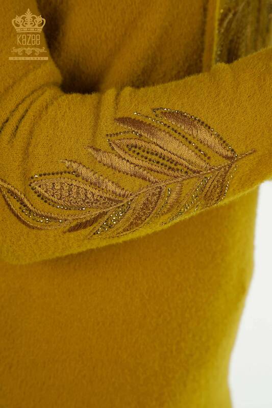 Pull en tricot pour femmes en gros à capuche Angora moutarde - 40008 | Kazee