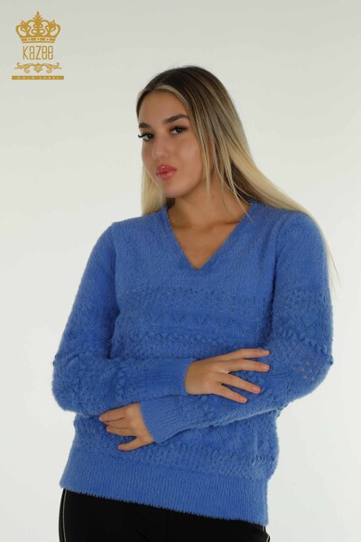 Kazee - Grossiste Tricots Femme Pull Angora Col V Bleu - 30697 | KAZEE