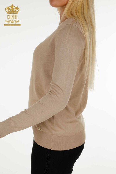 Pull en tricot basique pour femme avec logo Beige - 11052 | KAZEE - Thumbnail