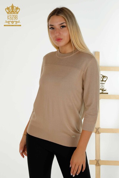Pull en tricot pour femmes en gros Basic Logo Beige - 30258 | KAZEE - Thumbnail