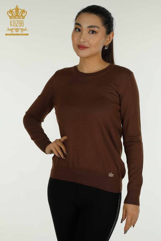 Pull en tricot pour femmes en gros Basic Logo Marron - 11052 | KAZEE