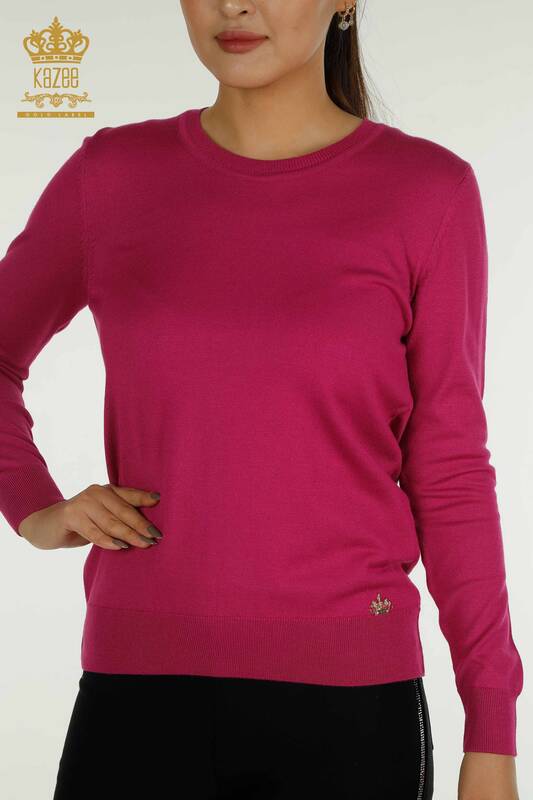 Pull en tricot basique pour femmes avec logo Fuchsia foncé - 11052 | KAZEE