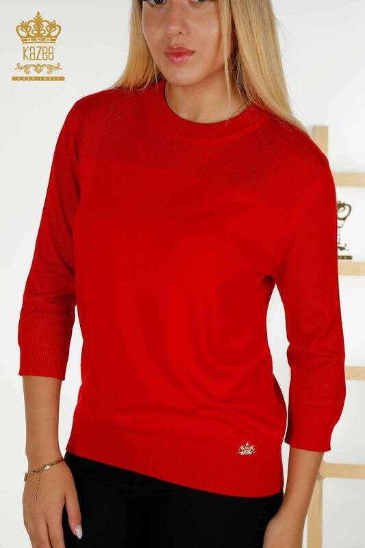 Pull en tricot pour femmes en gros rouge basique avec logo - 30258 | KAZEE