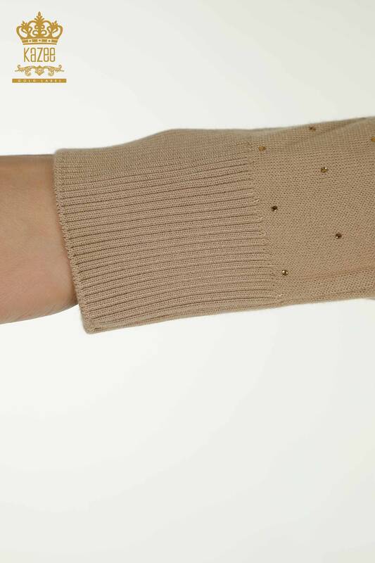 Pull en tricot pour femmes en gros brodé beige - 30892 | KAZEE