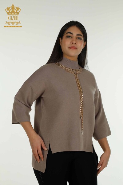 Pull en tricot pour femmes en gros avec détail de chaîne Vison - 30270 | KAZEE - Thumbnail