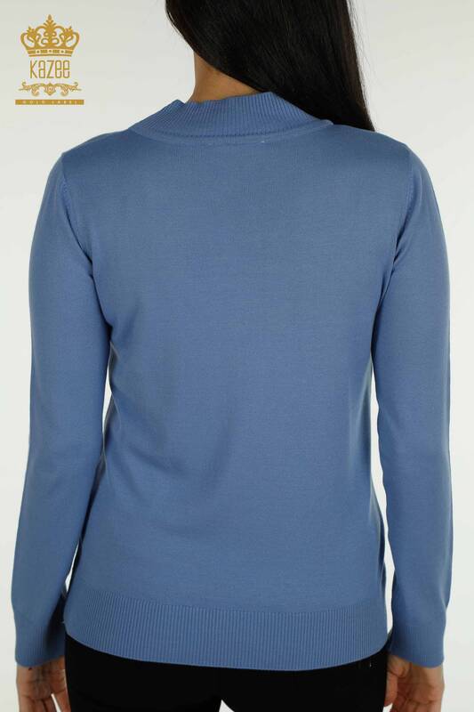 Vente en gros de tricots pour femmes pull col haut basique bleu foncé - 30613 | KAZEE