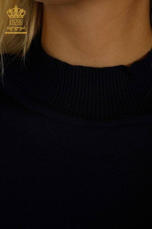 Vente en gros de tricots pour femmes pull col haut basique bleu marine - 30613 | KAZEE