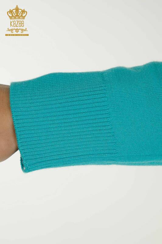 Vente en gros de tricots pour femmes pull col haut basique turquoise - 30613 | KAZEE