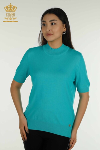 Grossiste Tricots Pull Col Haut Viscose Turquoise - 16168 | KAZEE 