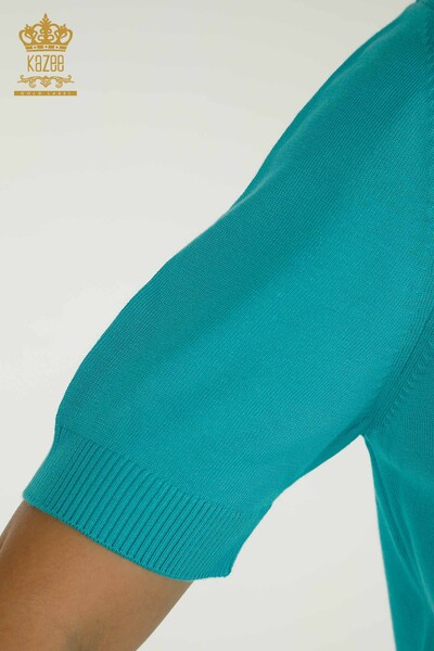 Grossiste Tricots Pull Col Haut Viscose Turquoise - 16168 | KAZEE - 4
