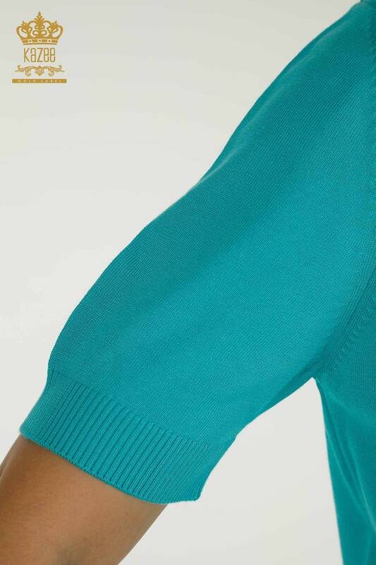 Grossiste Tricots Pull Col Haut Viscose Turquoise - 16168 | KAZEE