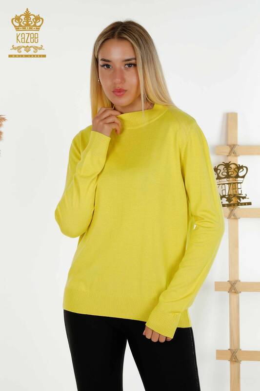 Vente en gros Pull en tricot pour femmes - Col montant - Basique - Jaune - 16663 | KAZÉE