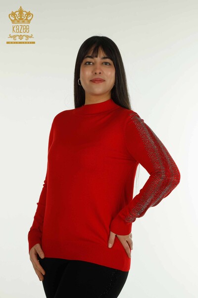 Grossiste Tricots Pull Col Haut Rouge - 30564 | KAZEE - Kazee