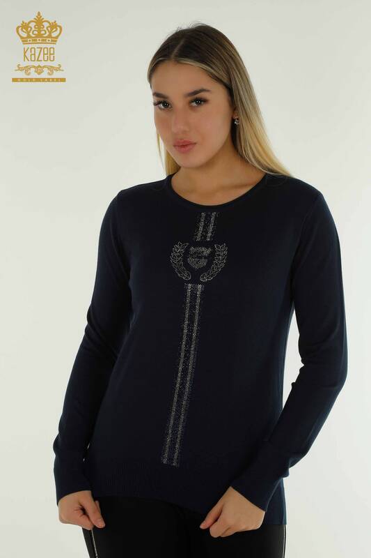Pull en tricot pour femmes en gros col rond bleu marine - 30457 | KAZEE