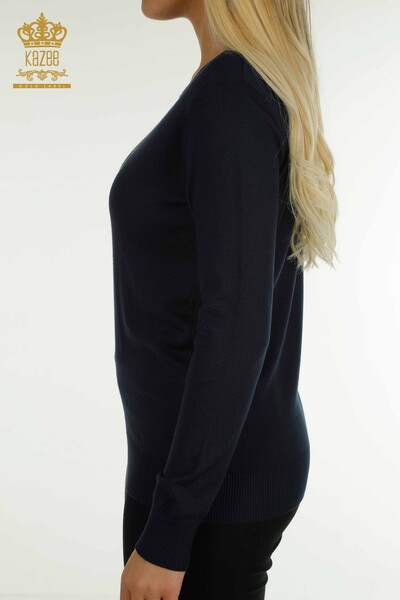 Pull en tricot pour femmes en gros col rond bleu marine - 30457 | KAZEE - Thumbnail