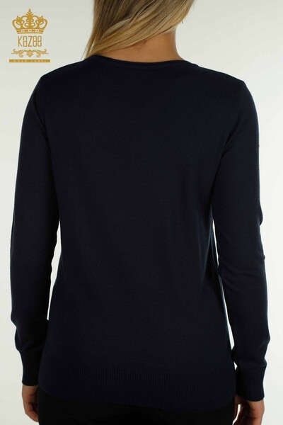 Pull en tricot pour femmes en gros col rond bleu marine - 30457 | KAZEE - Thumbnail