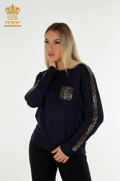 Pull en tricot pour femmes en gros col rond bleu marine - 30465 | KAZEE - Thumbnail