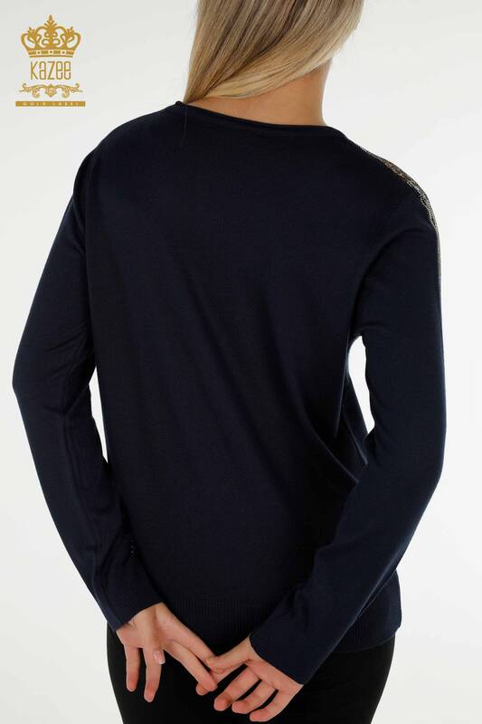 Pull en tricot pour femmes en gros col rond bleu marine - 30465 | KAZEE
