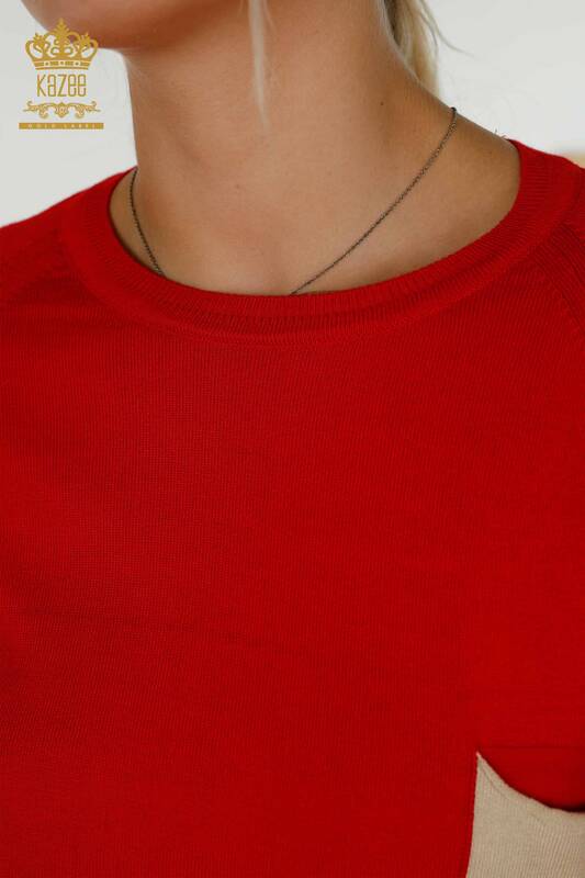 Pull en tricot pour femmes en gros de couleur rouge avec poche - 30108 | KAZÉE