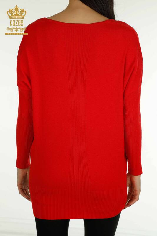 Pull en tricot pour femmes en gros avec détail fendu rouge - 30193 | KAZEE