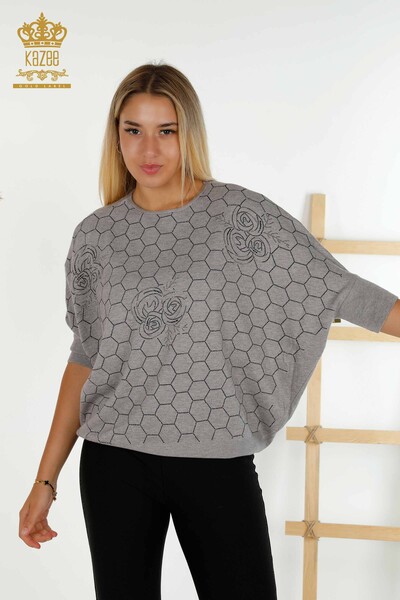 Vente en gros Pull en tricot pour femmes - Demi manches - Gris - 16803 | KAZÉE - Thumbnail