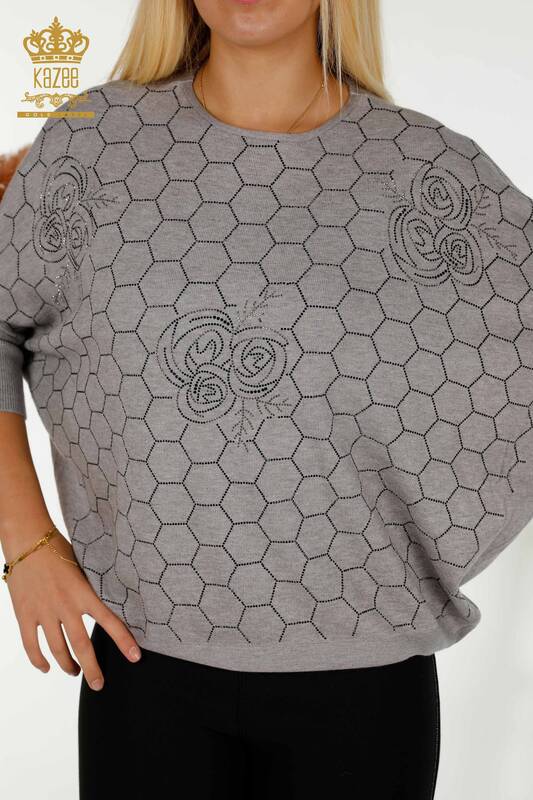 Vente en gros Pull en tricot pour femmes - Demi manches - Gris - 16803 | KAZÉE