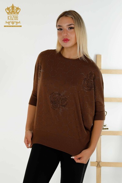 Pull en tricot pour femmes en gros à demi-manches marron - 16803 | KAZÉE - Thumbnail