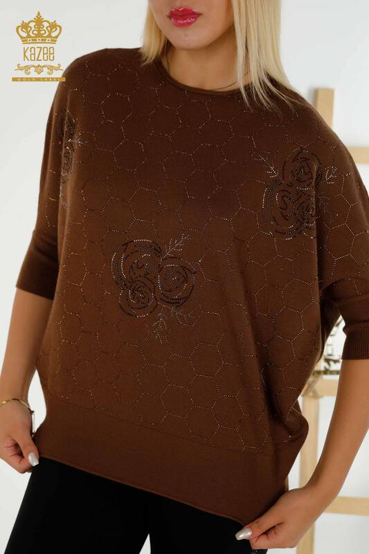 Pull en tricot pour femmes en gros à demi-manches marron - 16803 | KAZÉE