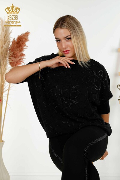 Pull en tricot pour femmes en gros à manches mi-longues noir - 16803 | KAZÉE - Thumbnail