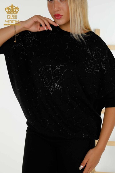 Pull en tricot pour femmes en gros à manches mi-longues noir - 16803 | KAZÉE - Thumbnail