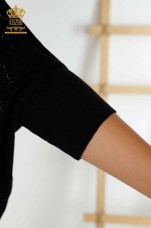Pull en tricot pour femmes en gros à manches mi-longues noir - 16803 | KAZÉE