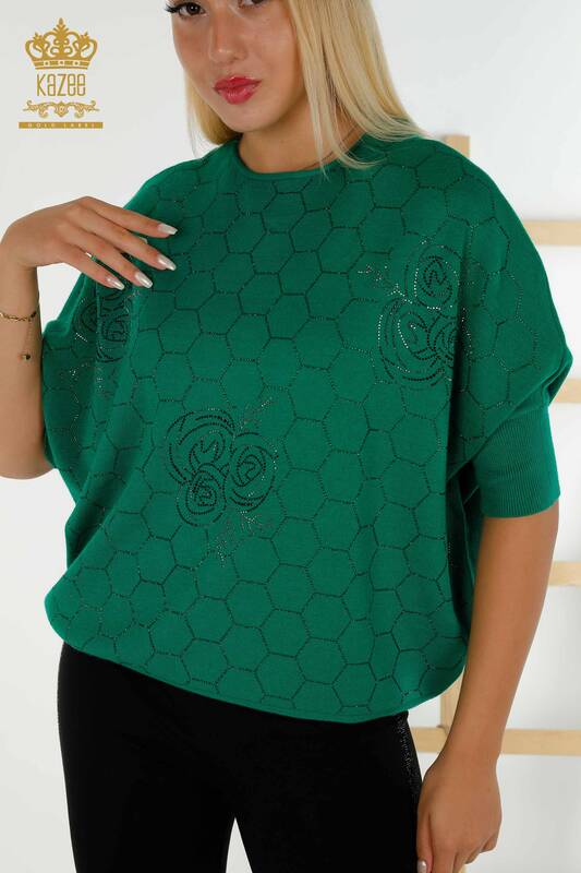 Pull en tricot pour femmes en gros à manches mi-longues vert - 16803 | KAZÉE