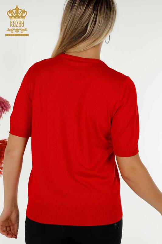 Pull en tricot pour femmes en gros rouge avec broderie de feuilles - 30654 | KAZEE