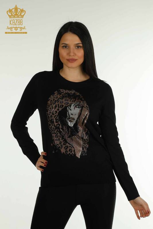 Pull en tricot pour femmes en gros figuré noir - 30102 | KAZEE