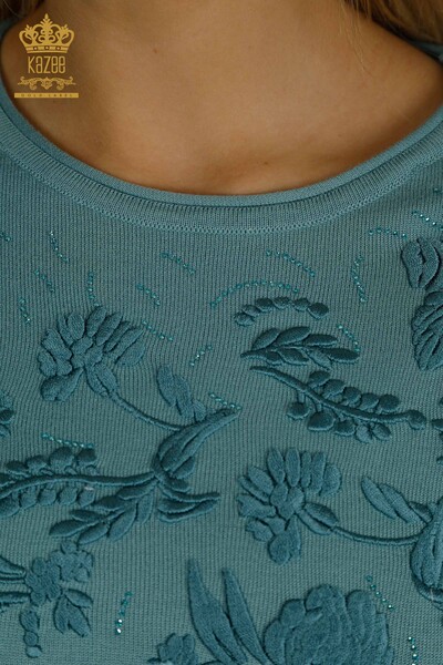 Pull en tricot pour femmes en gros Floral brodé menthe - 16849 | KAZEE - Thumbnail