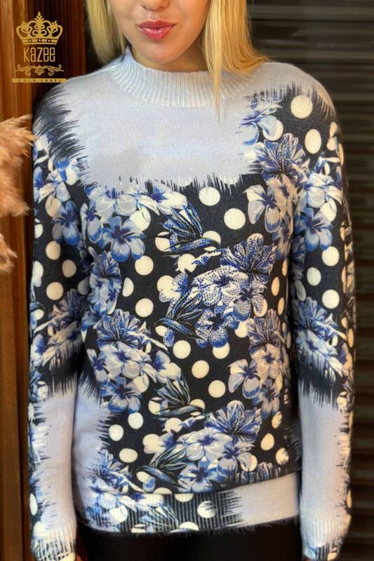 Vente en gros de tricots pour femmes pull impression numérique Angora bleu - 18922 | KAZEE