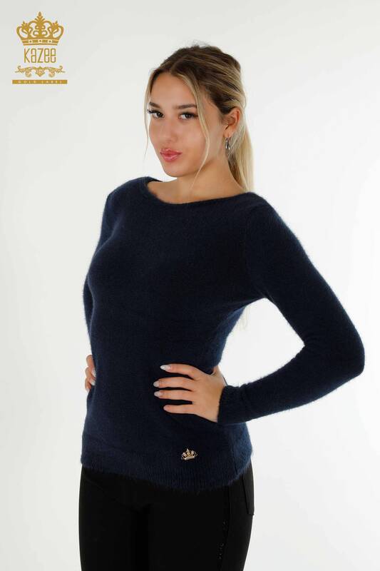 Pull en tricot pour femmes en gros avec logo Angora bleu marine - 18432 | KAZEE