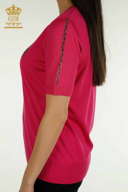 Pull en tricot pour femmes en gros à manches courtes Fuchsia - 30478 | KAZEE