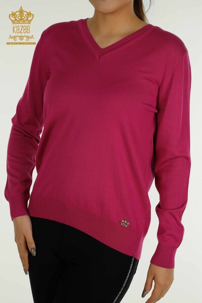 Pull en tricot pour femmes en gros à manches longues Fuchsia - 11071 | KAZEE - Thumbnail