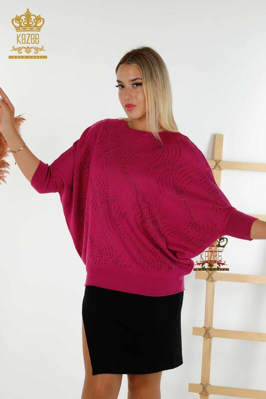 Vente en gros Pull en tricot pour femmes - Pierre brodée - Fuchsia - 16797 | KAZEE