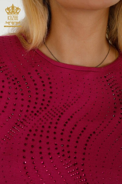 Vente en gros Pull en tricot pour femmes - Pierre brodée - Fuchsia - 16797 | KAZEE - Thumbnail