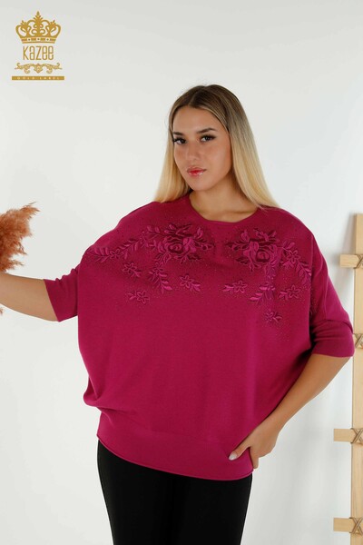 Kazee - Pull en tricot pour femmes en gros pierre brodée Fuchsia - 16799 | KAZEE