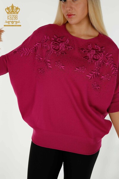 Pull en tricot pour femmes en gros pierre brodée Fuchsia - 16799 | KAZEE - Thumbnail