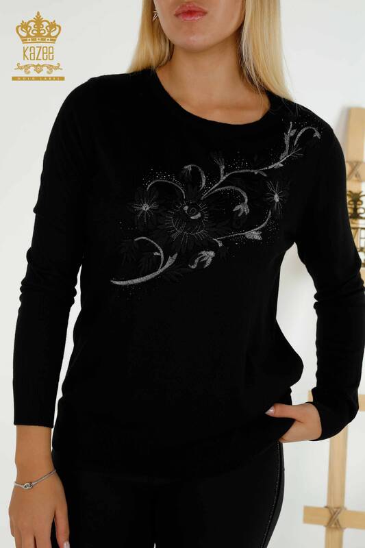 Pull en tricot pour femmes en gros pierre brodée noir - 30146 | KAZEE