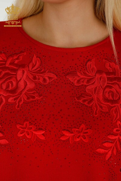 Pull en tricot pour femmes en gros rouge avec broderie de pierre - 16799 | KAZEE - Thumbnail