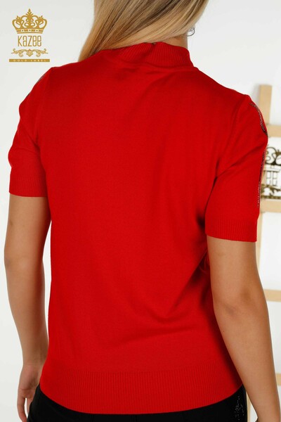Pull en tricot pour femmes en gros rouge avec broderie de pierre - 30491 | KAZEE - Thumbnail